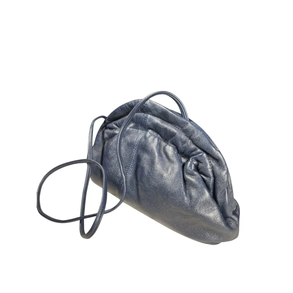 Vintage Blue Leather Cloud Pouch Slouchy Dumpling Bag Crossbody Clutch 90s Retro
